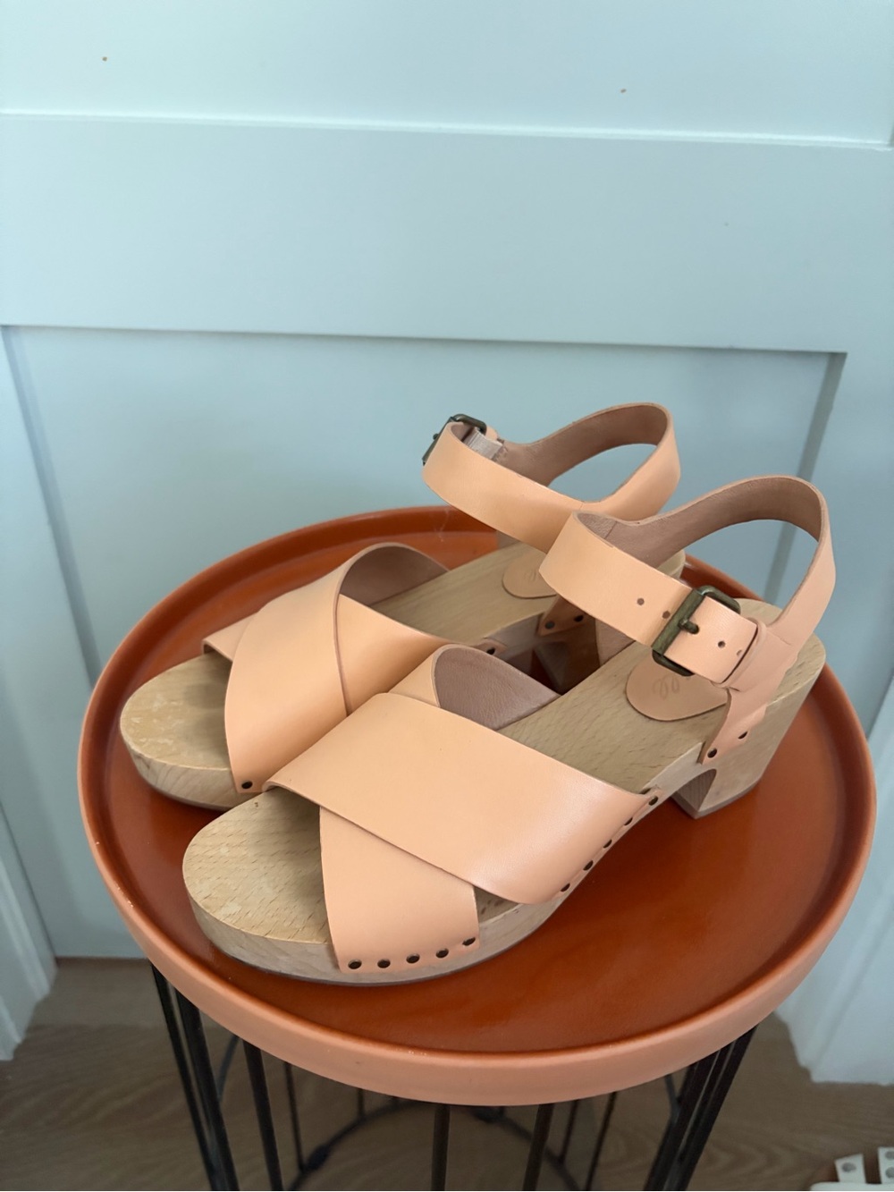Madewell Nude Leather Clog Sandals with Ankle Strap